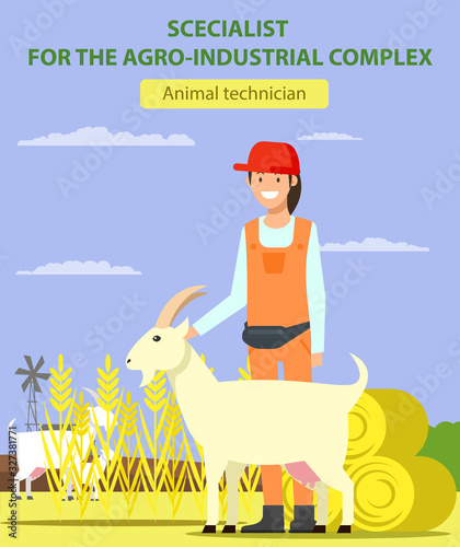 Woman in Red Cap with Goat on Field. Animal Technician. Specialist for Agro-Industrial Complex. Smiling Woman in Uniform. Vector Illustration. Competitive Workplace. Recruitment Agency.