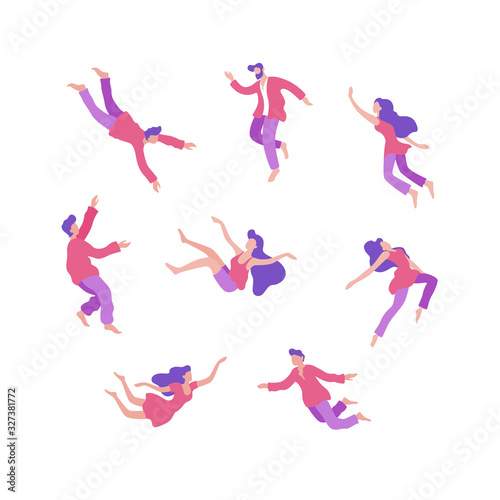 Set of various cartoon people flying in space vector flat illustration. Collection of sleeping man and woman fly, moving and floating in imagination dream isolated on white background