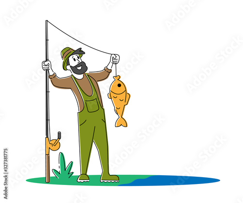 Fisherman Holding Rod Showing Fish he Caught. Fishing, Outdoor Relaxing Summertime Hobby. Fishman Have Good Catch. Summer Time Leisure, Active Spending Time. Cartoon Flat Vector Illustration, Line Art