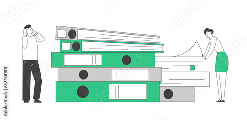 Busy Office People Company Employees Paperwork Deadline, Stress Concept. Businesspeople Looking on Huge Pile of Documentation and Paper Document Folders Cartoon Flat Vector Illustration, Line Art