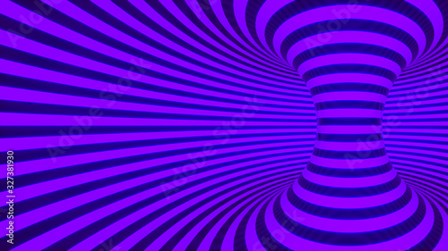 Color neon glowing twisted curved lines forming torus horizontal background, optical illusion. 3d render illustration