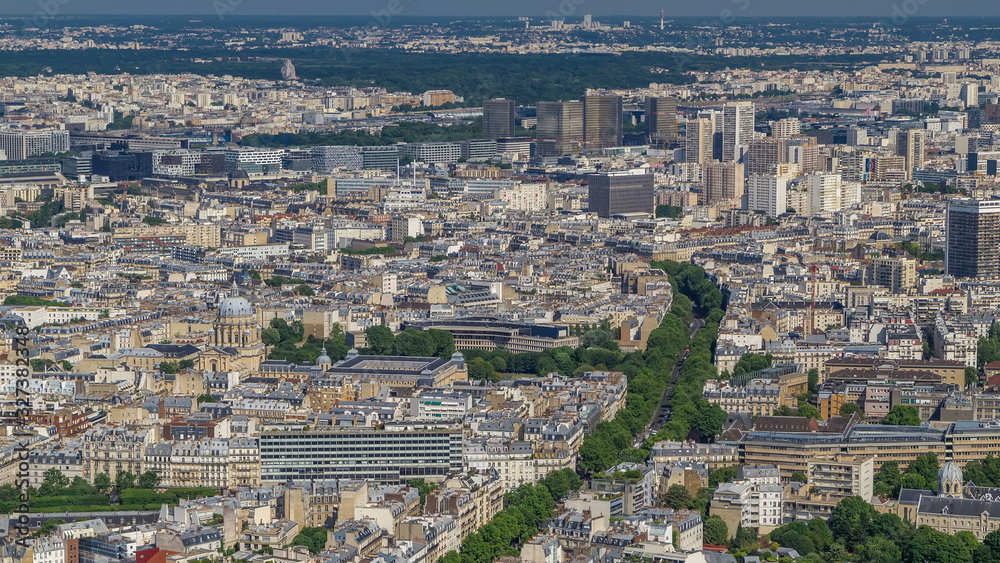 Top view of Paris skyline from observation deck of Montparnasse tower timelapse. Main landmarks of european megapolis. Paris, France