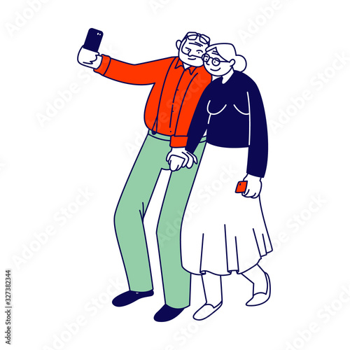 Senior People and Smart Devices Concept. Aged Couple Making Selfie on White Background. Elderly Man and Woman Have Fun Together Photographing on Mobile Phone Cartoon Flat Vector Illustration, Line Art