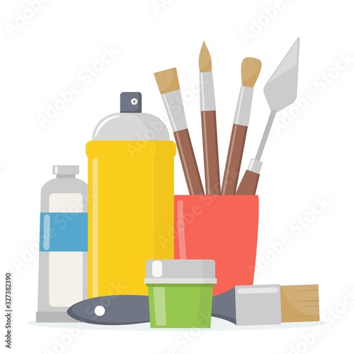 Painting tools composition. Various art supplies. Drawing creative materials illustration for workshops designs.