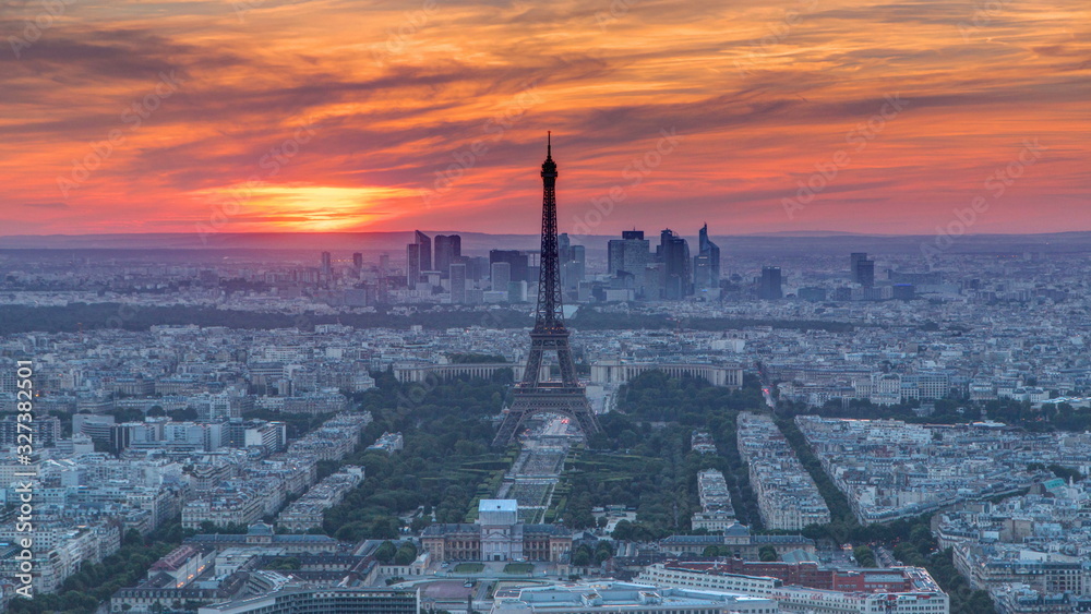 Panorama of Paris at sunset timelapse. Eiffel tower view from montparnasse building in Paris - France