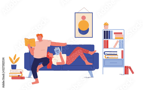 Young People Spend Free Time Together. Couple of Woman and Man Sitting on Sofa at Home Reading Books, Love and Loving Relations Leisure, Weekend, Relaxed Spare Time Cartoon Flat Vector Illustration