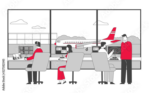 Air Controller Team Working with Plane on Runway. Male and Female Characters Wearing Headset Sitting in Special Area with Radar and Monitors Control Airplanes Cartoon Flat Vector Illustration Line Art
