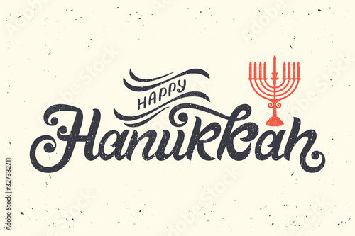 Happy Hanukkah typography vector design for greeting cards and poster design template celebration. Calligraphic handmade lettering. Hanukkah beautiful inscription. Vector illustration.