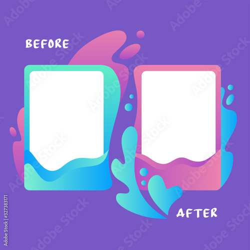 Colorful template before and after surrounded by water splash flat vector illustration. Colored abstract decorative frame with empty place isolated on purple background