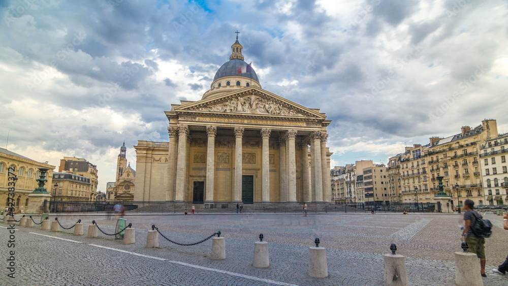 National pantheon building timelapse , front view with street and people. Paris, France