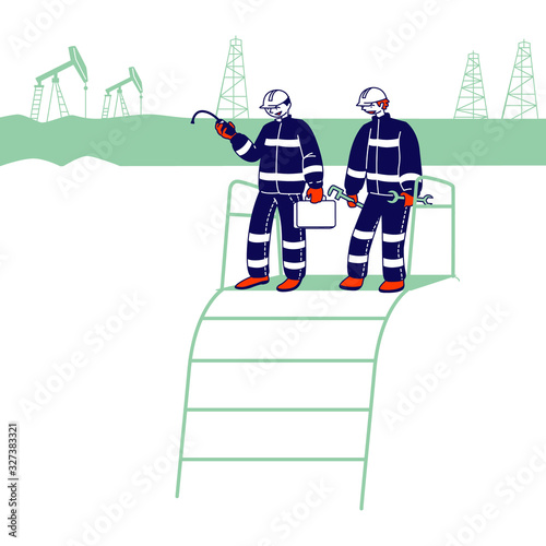 Oil and Gas Industry Activity. Workers in Uniform and Hardhats Holding Instruments on Production Line. Gasmen Engineers near Gas Facility Station at Plant Cartoon Flat Vector Illustration, Line Art photo