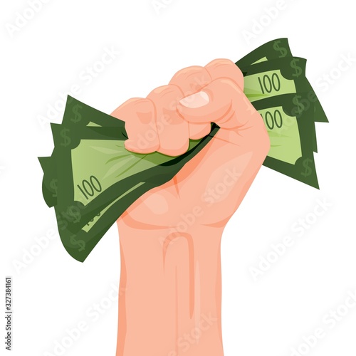 Cartoon human hand gripping banknote money tight vector graphic illustration. Person arm grabbing holding finance cash currency isolated on white background