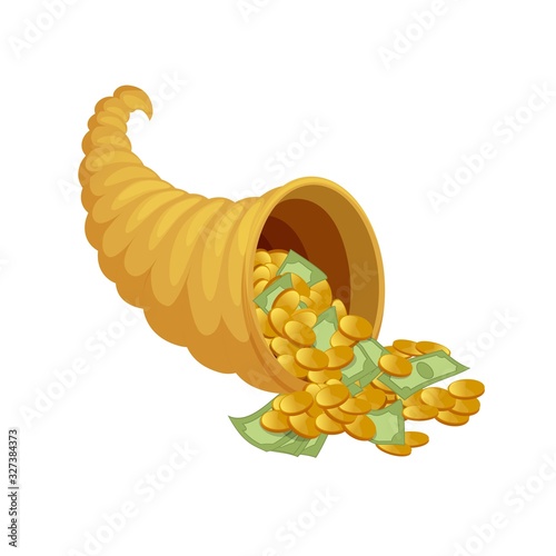 Cartoon mythical cornucopia overflowing with cash money and coins vector graphic illustration. Luxury ancient successful gold horn abundance filled currency isolated on white background