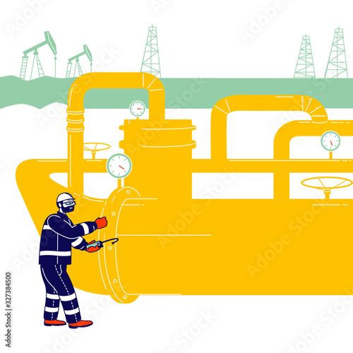 Operator Check and Inspect Oil Pump Differential Gauge and Pressure Transmitter. Worker with Equipment Work in Gas Industry. Technician Maintenance Service Cartoon Flat Vector Illustration, Line Art