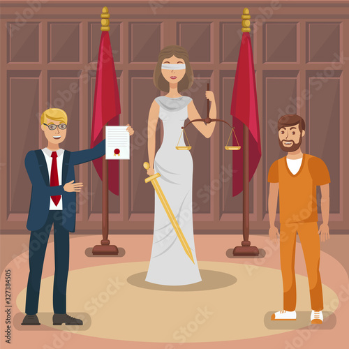 Court Trial, Legal Case Flat Vector Illustration. Themis, Attorney and Happy Convict Cartoon Characters. Cheerful Advocate Holding Acquittal, Justification Sentence. Judicial System, Litigation