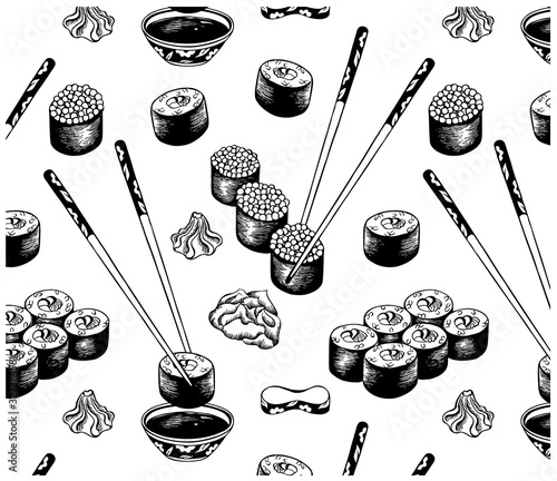 Vector illustration of sketch black japanese sushi on white background. Asian food wallpaper for menu, packagin, cafe, restaurant. Ink paint, rice ball with fish, nori, caviar, tuna, avocado,chopstick