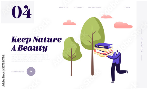 Environmental Protection, Less Paper, Save Trees Website Landing Page. Man Carry Huge Pile of Paper Documents or Wastepaper to Recycle. Waste Sort Web Page Banner. Cartoon Flat Vector Illustration
