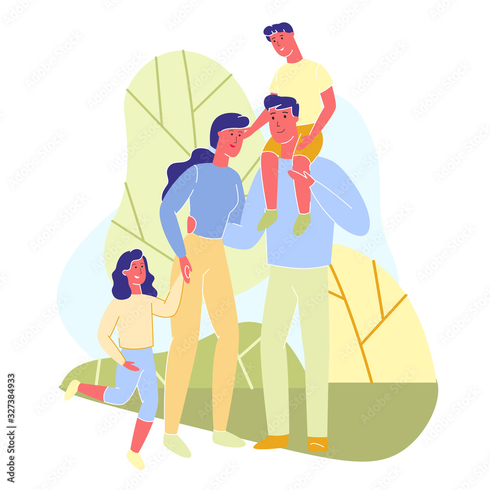 Couple and Two Children in Park. People Walk in the Park. Vector Illustration. Family Spends Time Together. Funny Company. Home Interior. Park Area. Family Situation. Parents with Little Boy and Girl.