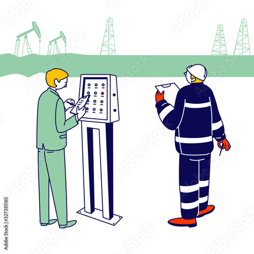 Gas Industry with Male Characters Working on Pipeline. Engineer Control Pipe, Production Operator Record Data to Log Book, Daily Activity of Oil Rig Workers Cartoon Flat Vector Illustration, Line Art