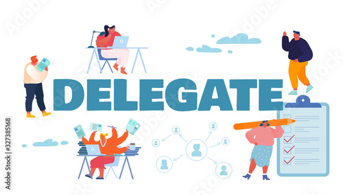 Fototapeta Naklejka Na Ścianę i Meble -  Delegate Responsibilities Concept. Office People, Ceo and Company Leaders Share Work, Create Stable Structure of Professional Management Poster Banner Flyer Brochure. Cartoon Flat Vector Illustration