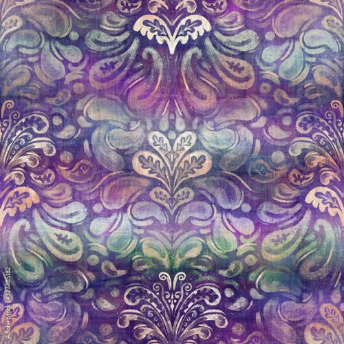 Seamless purple and peach ombre fade painterly watercolor wash vintage damask pattern graphic design. Seamless repeat raster jpg pattern swatch.