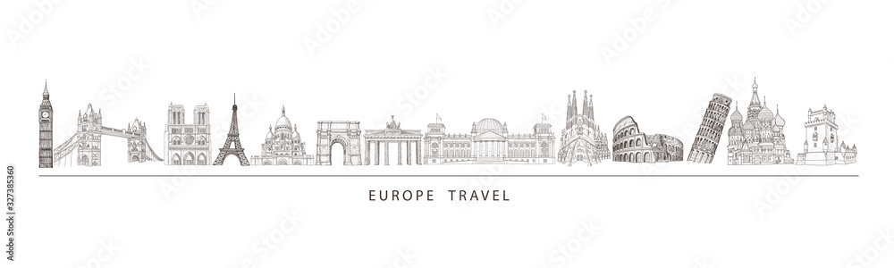 City travel landmarks, tourist attraction in various places of Europe. Tourism illustration.