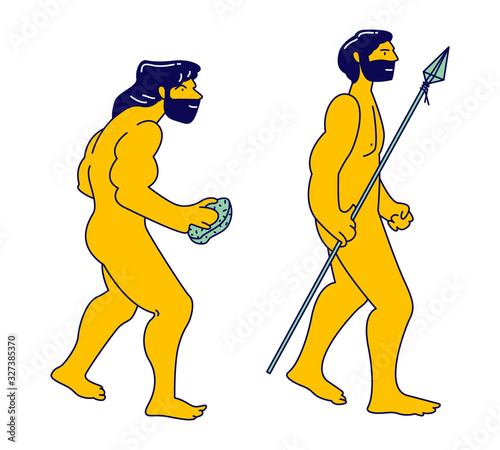Evolution, Darwin Theory Concept. Cro-magnon Caveman with Stone Evolve to Homo Sapiens with Spear in Hand, Anthropology, Human Development Process, Prehistory Cartoon Flat Vector Illustration Line Art
