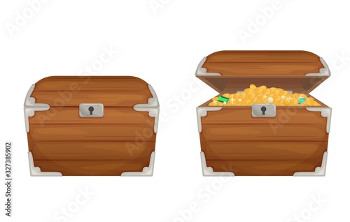 Two magic cartoon wooden open and closed chest vector flat illustration. Fairy coffers or treasure box with heap of bright golden coins front view isolated on white background