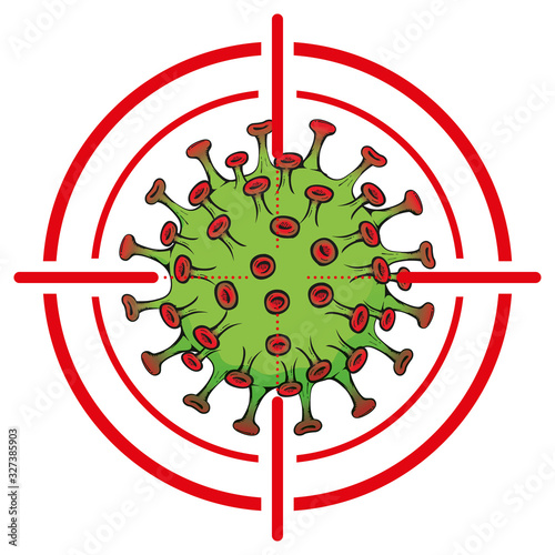 Illustration cartoon with crosshairs over corona virus a microorganism, COVID-19, H1N1, disinfection, sterilization or sanitization. Ideal for educational and institutional material