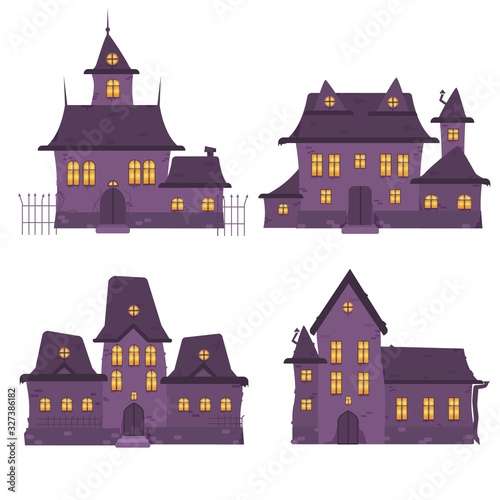 Set of various purple haunted house vector graphic illustration. Collection of different cartoon halloween building with light yellow windows isolated on white background