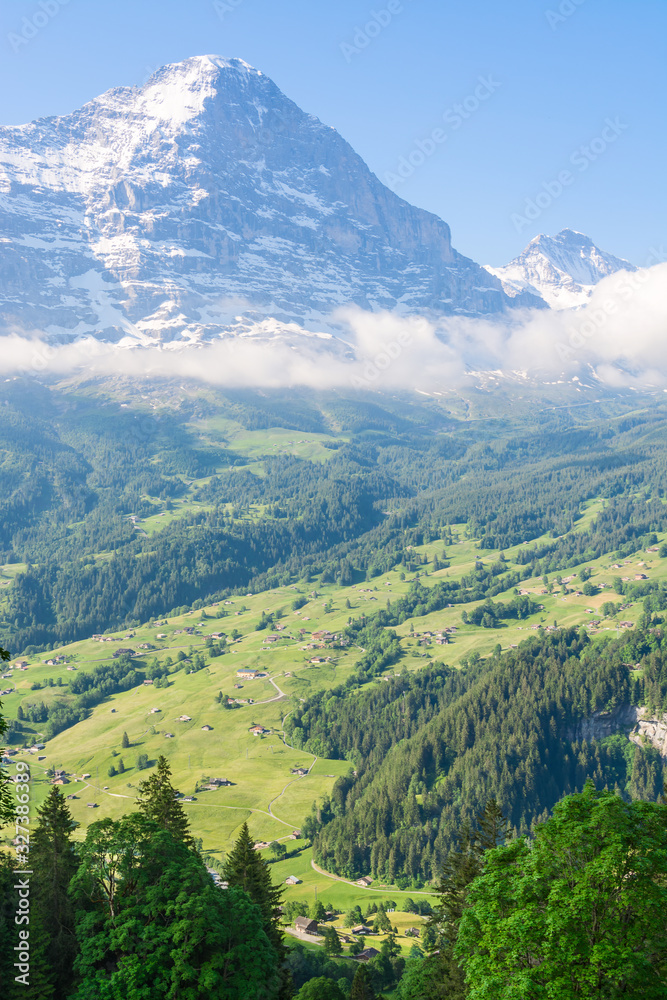 Scenic view of the Eiger and the Grindelwald Valley from the heights of Bussalpstrasse, Switzerland