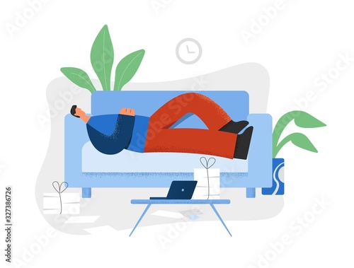 Lazy man lying on couch in front of laptop and heap of documents vector flat illustration. Male character relaxing at home procrastinate concept isolated on white background big limbs style