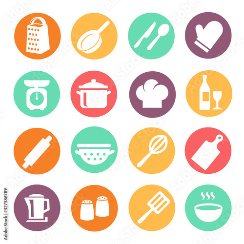 Cooking icon set. Kitchen tools, kitchenware equipment food preparation elements modern flat collection. Kitchen utensils and cookware icons.