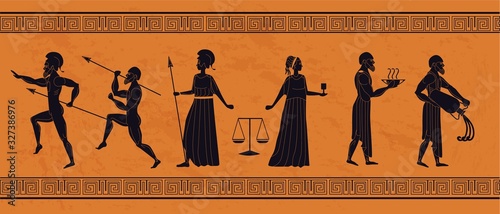 Realistic antique greek ornament vector flat illustration. Different people athletic man, elegance woman, warrior, waiter, servant person decorated with frame isolated on orange background