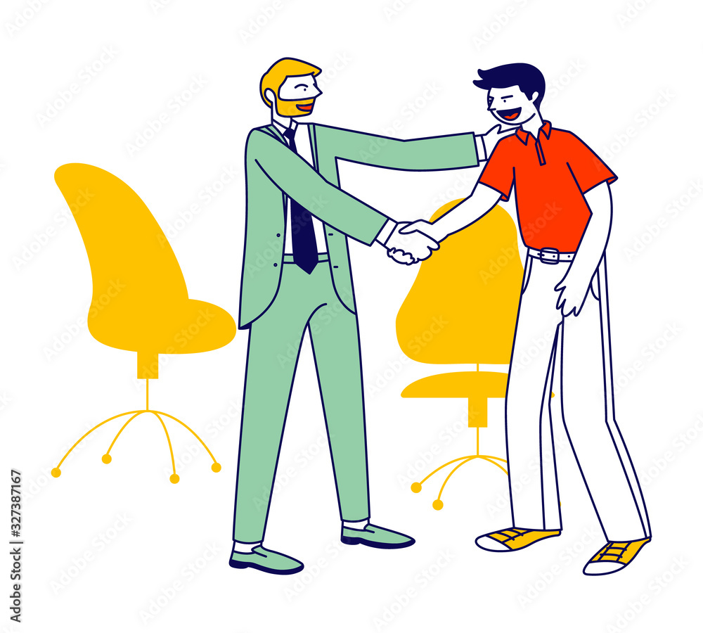 Confident Businessman Company Boss Shaking Hand to Office Employee Congratulating with Success. Director Congratulate Worker for Successful Work, Encouraging Cartoon Flat Vector Illustration, Line Art