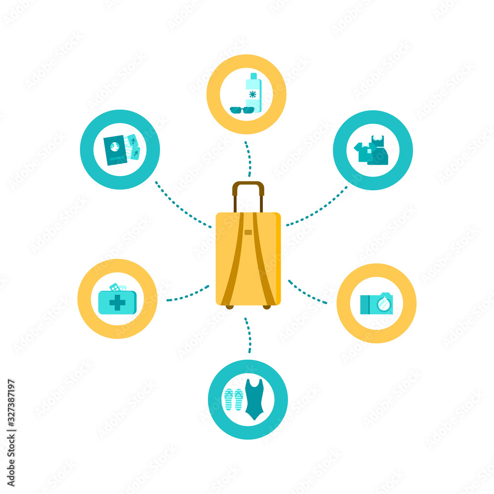 Travel things infographic, check list. Tourist accessories and things