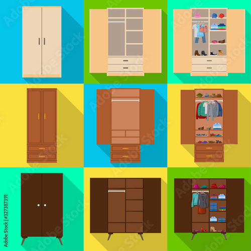 Wooden cupboard isolated flat icon. Vector illustration room furniture of wardrobe on white background . Vector flat set icon room cupboard.