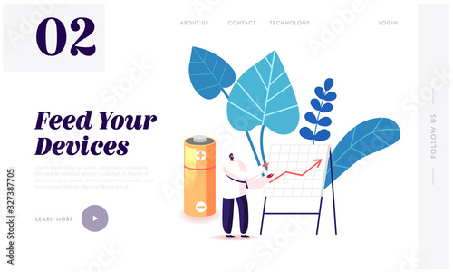 Data Graph Garbage Segregation and Reduce Earth Pollution Website Landing Page. Man Perform Arrow Chart of Using and Recycling Batteries and E-waste Web Page Banner. Cartoon Flat Vector Illustration