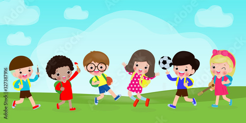 Group of children back to school, kids school, education concept, Kids go to school, Template for advertising brochure, your text,Kids and frame,child and frame,Vector Illustration