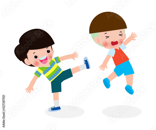 bad boy, children fighting each other kicking, kids bully friend bad behavior, Bullying children cartoon characters vector illustration on white background