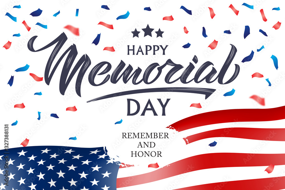Obraz premium Happy Memorial Day handwritten lettering. Memorial Day typography vector design for greeting cards and poster. Design template celebration. Vector illustration.