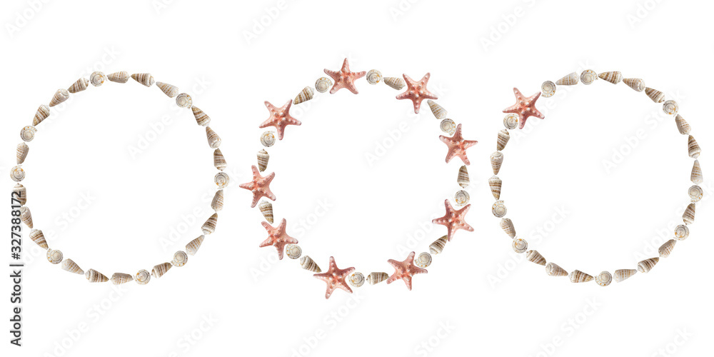 Naklejka premium White seashells and sea star round frames set on white background