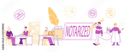 Notary Professional Service Concept. People Visiting Attorney Lawyer Public Office for Signing and Legalization Documents. Secretary Stamping Documentation, Cartoon Flat Vector Illustration, Line Art