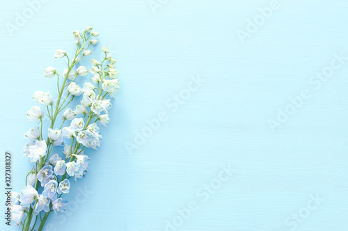 spring bouquet of blue flowers over blue wooden background. top view, flat lay