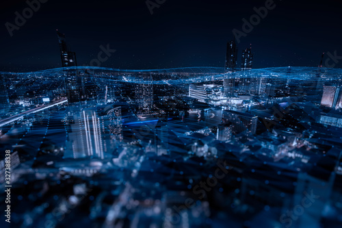 Fototapeta Naklejka Na Ścianę i Meble -  Energy Digitalization Smart city with Wireless network and Connection technology concept with Abstract Bangkok city background