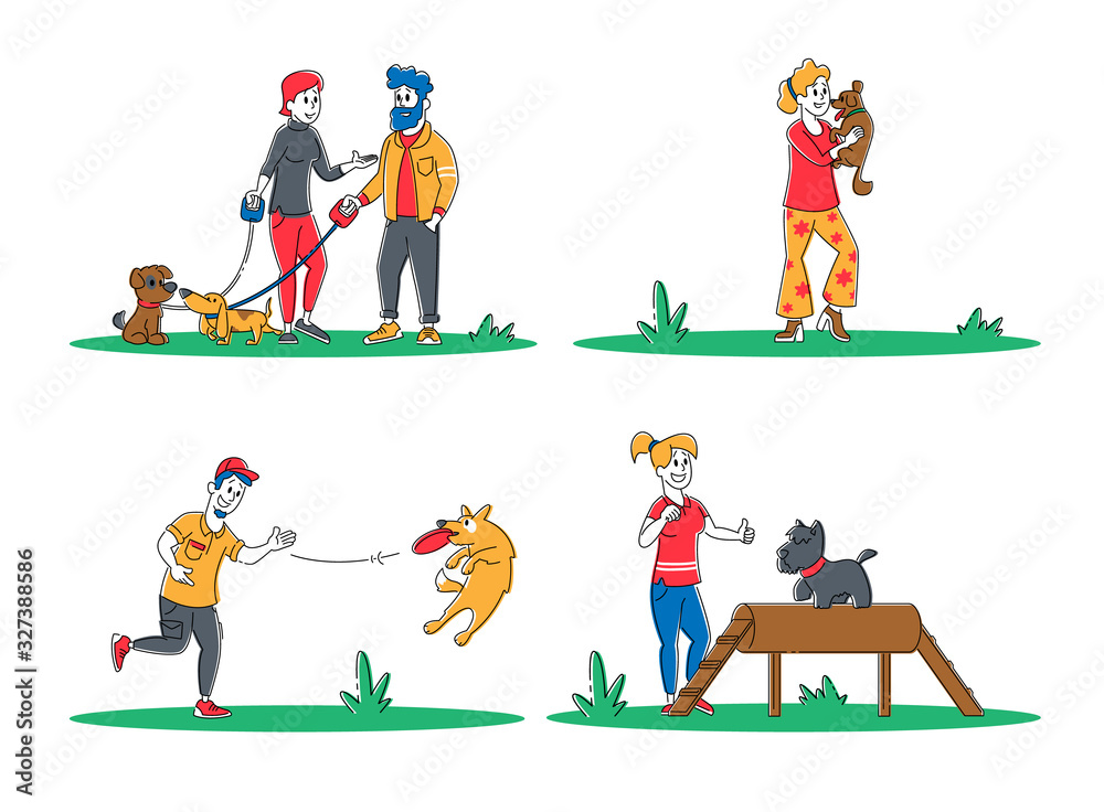 Set of People Spend Time with Pets Outdoors. Characters Walking and Playing with Dogs, Relaxing Open Air. Leisure, Communication Love, Care of Animals. Cartoon Flat Vector Illustration, Line Art