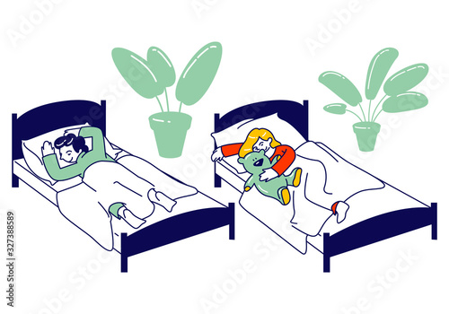 Little Kids Sleeping in their Beds in Kindergarten or Elementary School. Afternoon Nap Time, Kids Resting and Relaxing, Snooze in Montessori Bedchamber Cartoon Flat Vector Illustration, Line Art