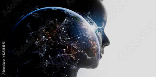 Double exposure of business woman with The World of Futuristic internet communication concept.Elements of this image furnished by NASA.