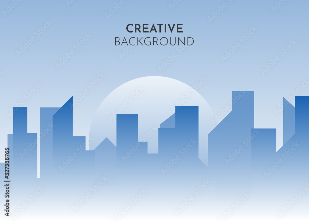 Abstract landscape. Vector banner with polygonal landscape illustration, Minimalist style. City, town, business center, skyscraper in fog, smog on sunset background