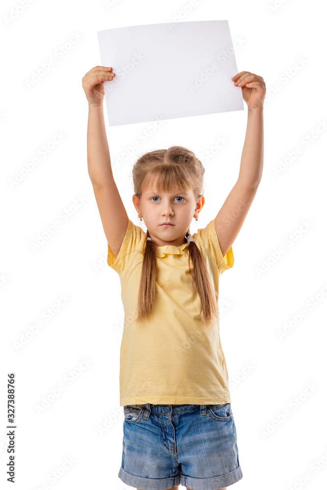 Happy cute child holding empty blank isolated on white background. kid with placard board for your text. girl with white sheet of paper. copy space Happy cute child holding empty blank isolated on white background. kid with placard board for your text. girl with white sheet of paper. copy space
